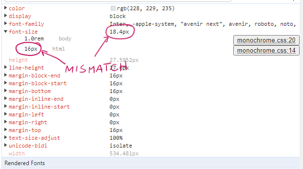 Chrome inspector "Computed" tab shows a computed font size larger than the specified font size